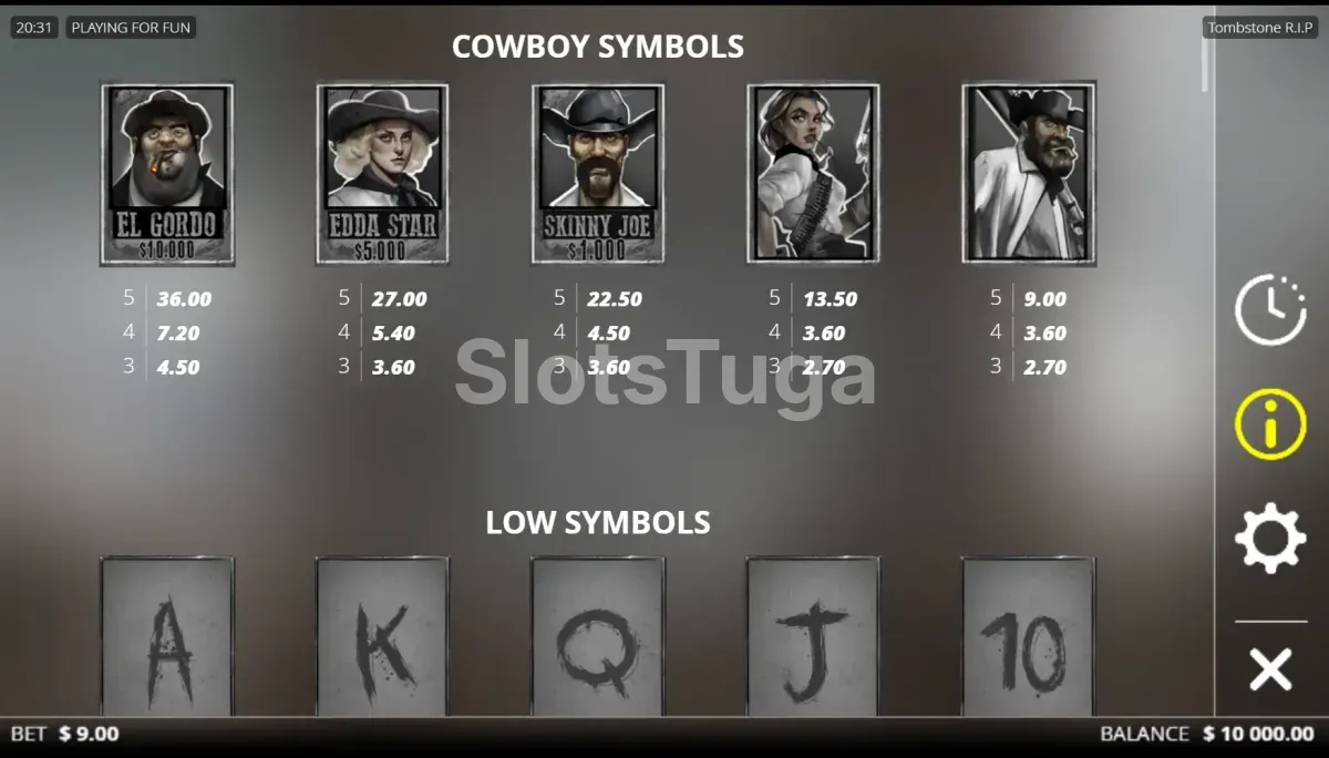 Tabela de pagamentos completa da Tombstone RIP mostrando todos os símbolos
