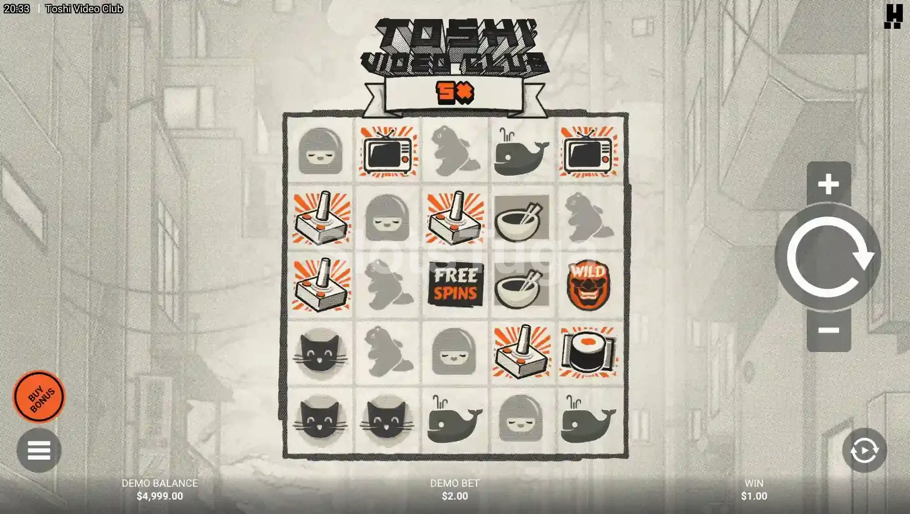 Jogo base do Toshi Video Club com grade 5x5 e símbolos japoneses