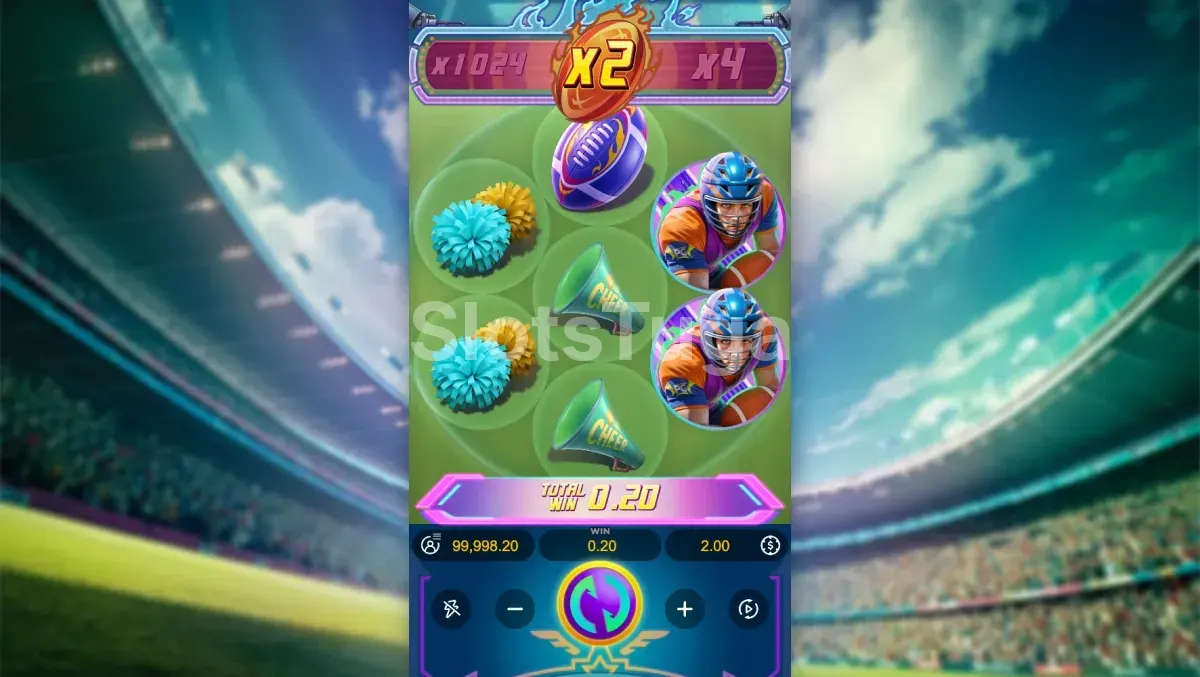 Jogo base de Touchdown Wins com o multiplicador visível acima da grelha