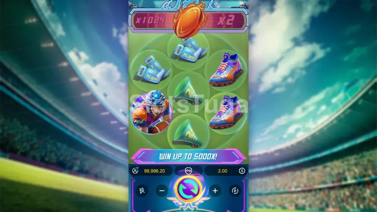 Segunda vista do jogo base de Touchdown Wins durante uma cascata