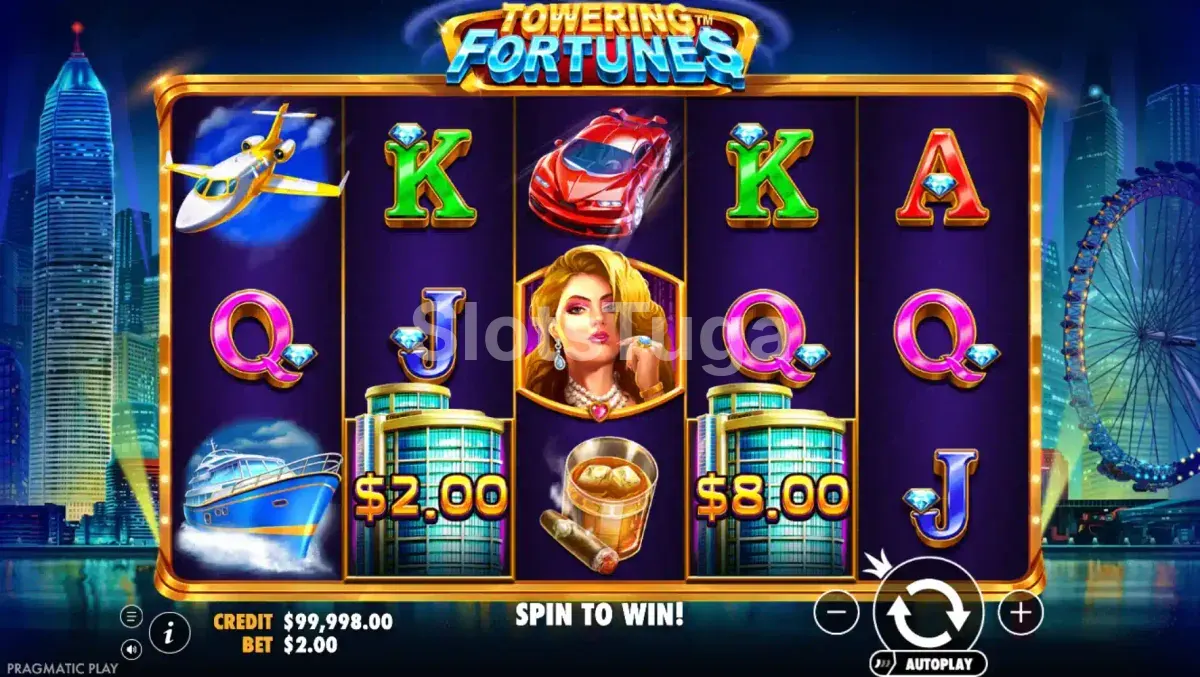 Jogo base da slot Towering Fortunes com arranha-céus ao fundo