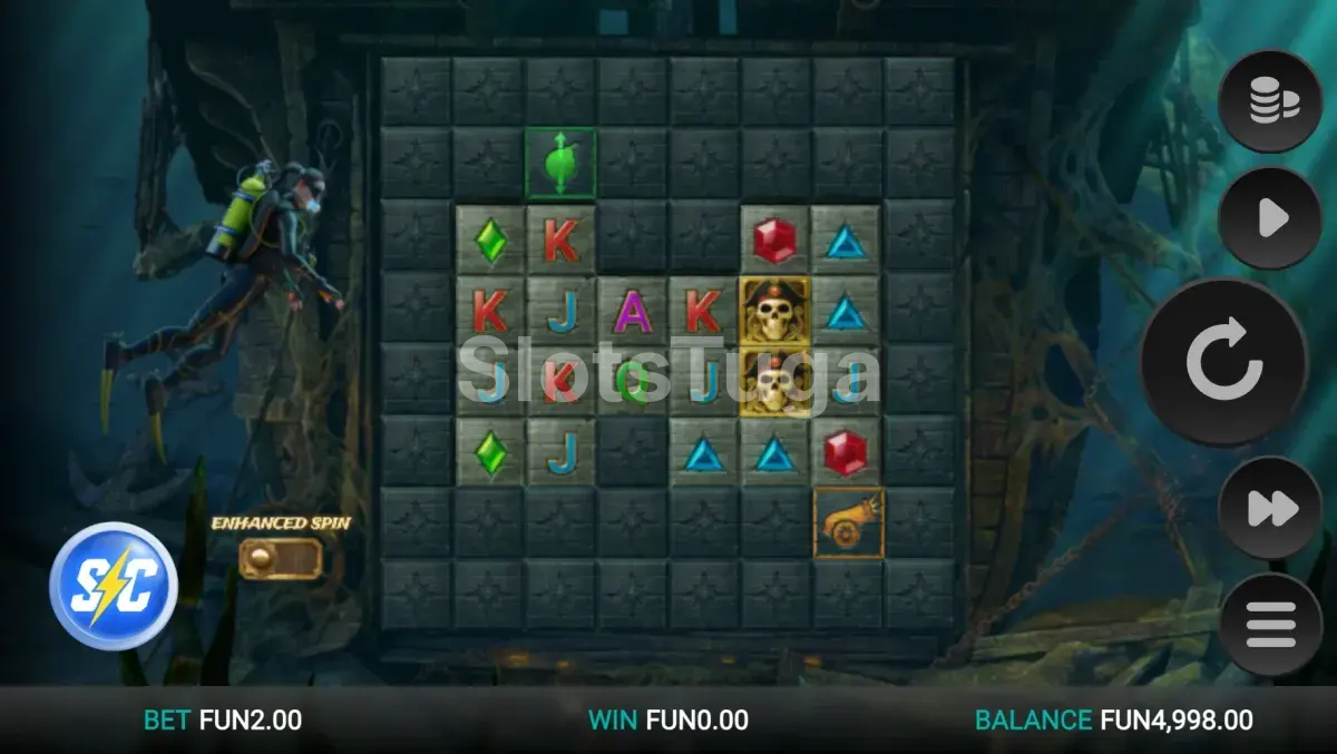 Jogo base do Treasure Tumble com grade 8x8 e símbolos subaquáticos