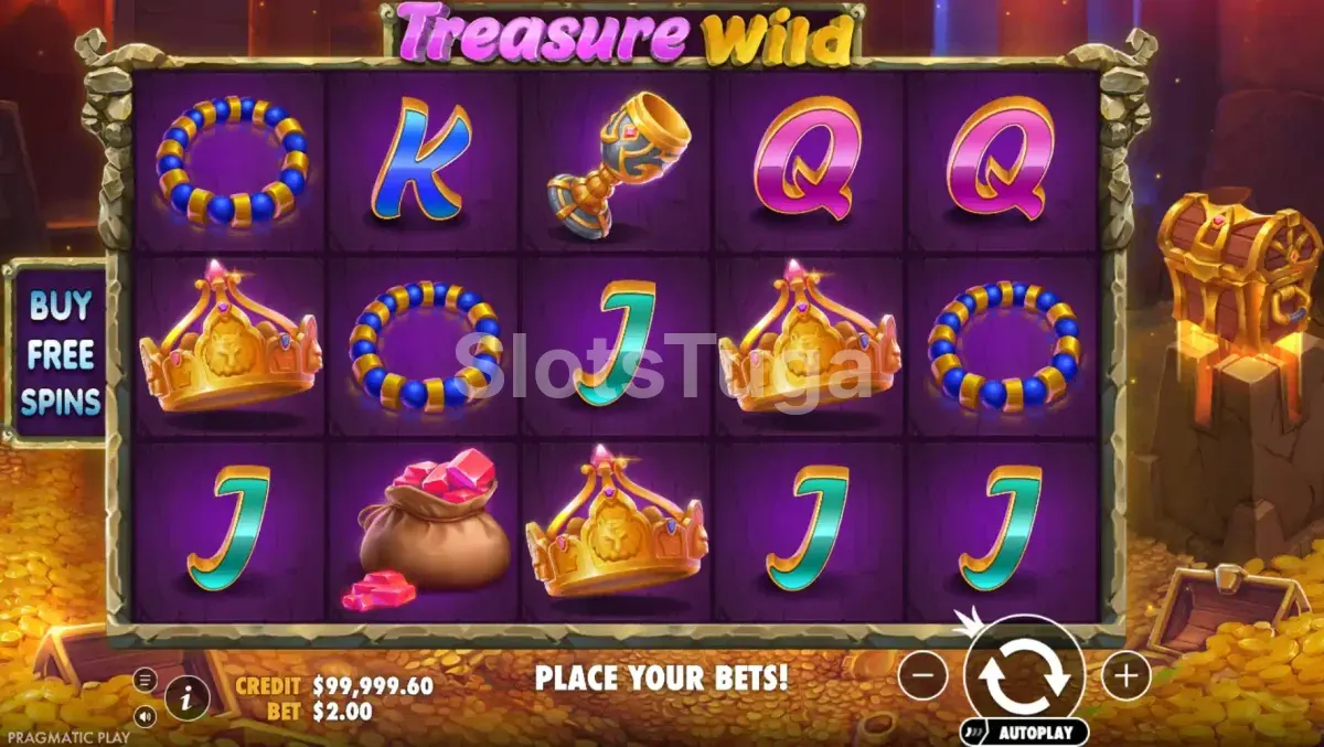 Jogo base da slot Treasure Wild com rolos cheios de símbolos de riqueza