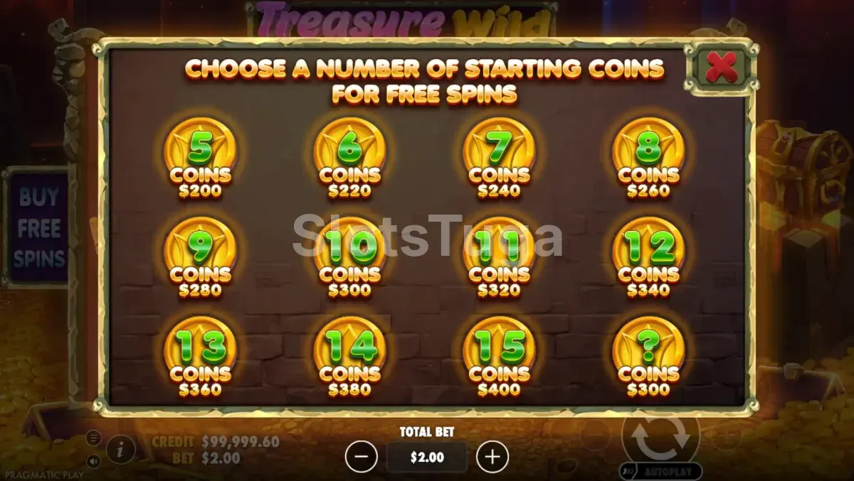 Tela de compra de bônus da slot Treasure Wild com opções de preço