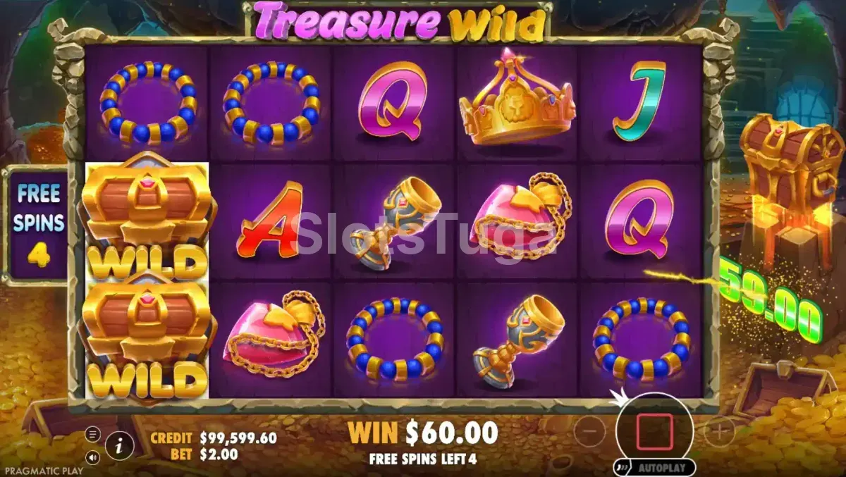 Rodada de giros grátis da slot Treasure Wild com baú acumulando valores
