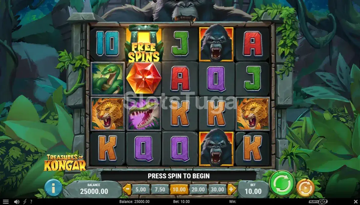 Jogo base da slot Treasures of Kongar com o gorila observando os rolos