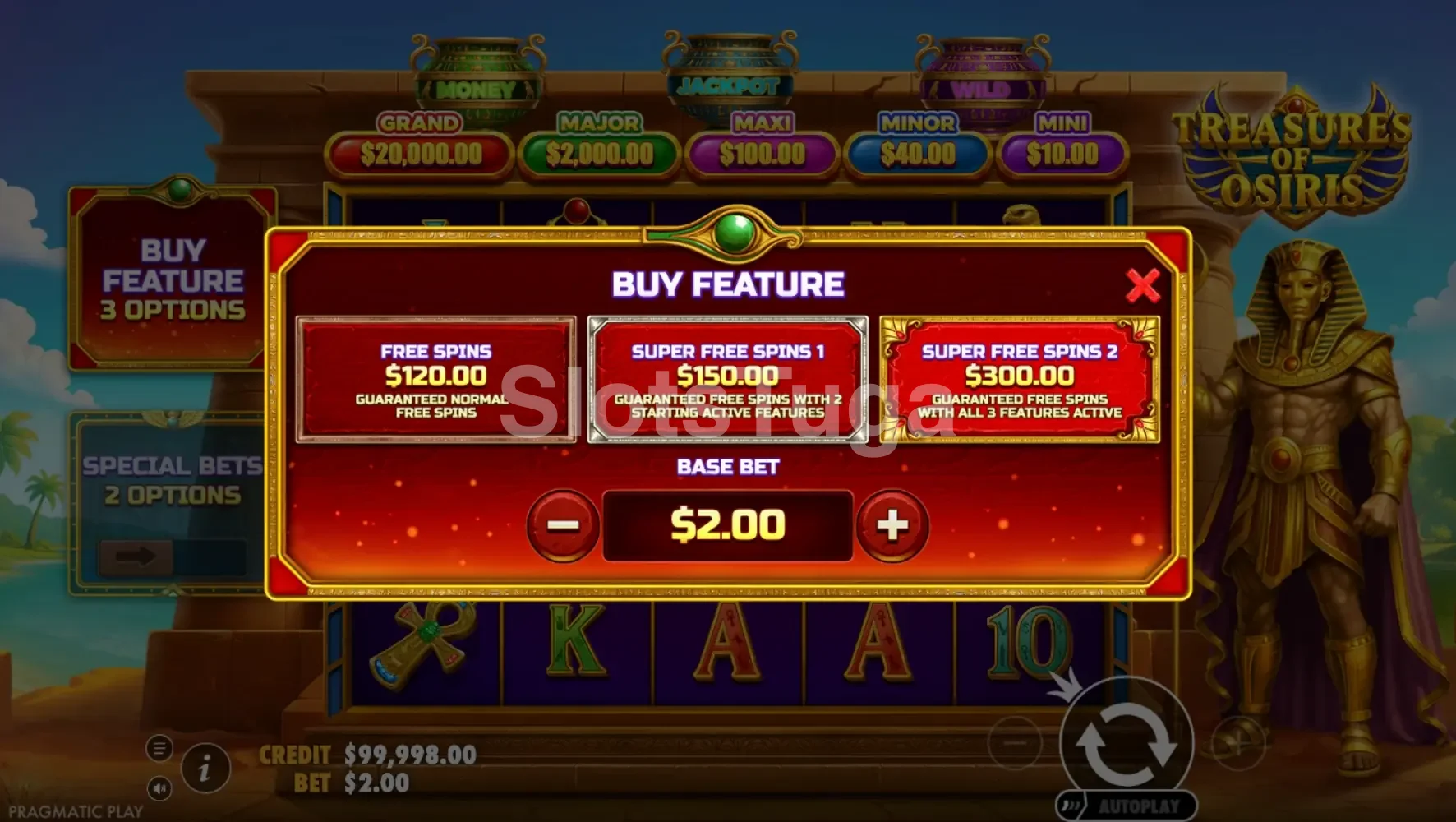 Tela de compra de bônus da Treasures of Osiris com três opções disponíveis