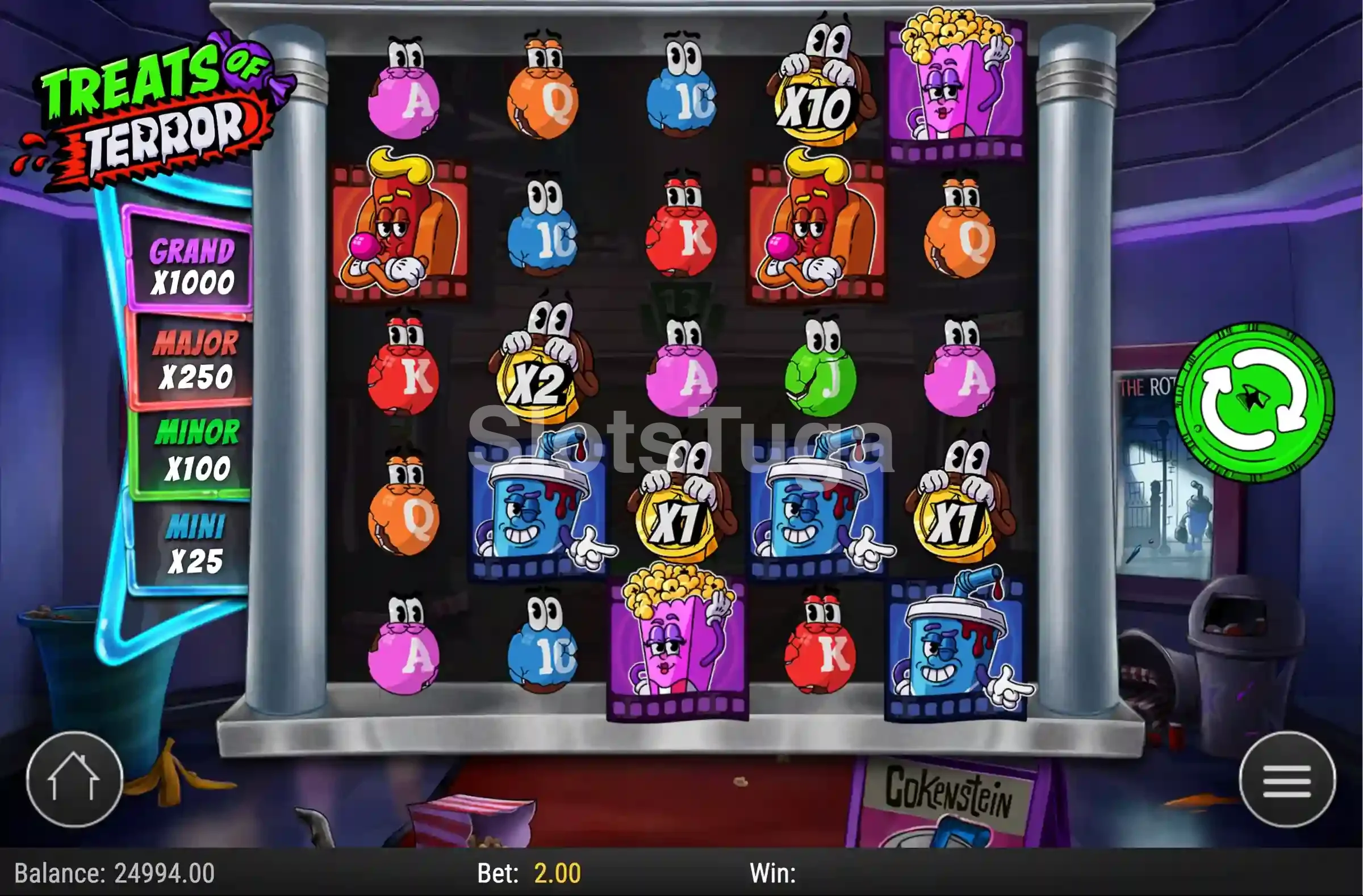 Segunda rodada de base game da slot Treats of Terror com cascata de símbolos