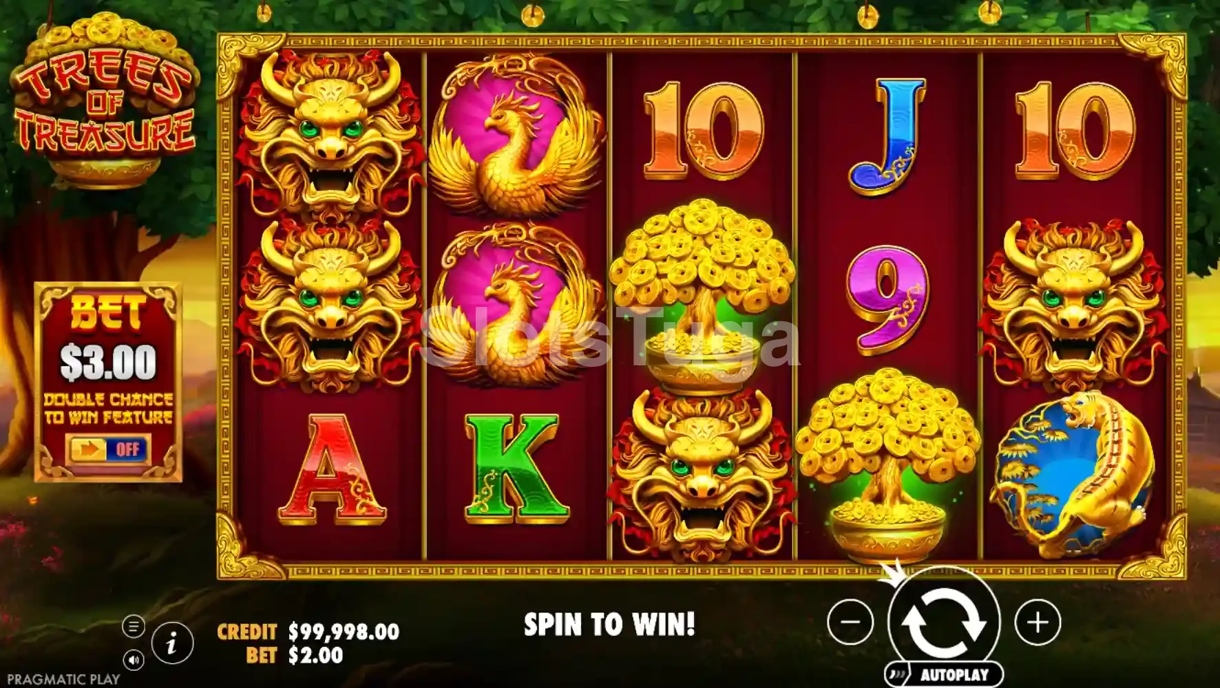 Jogo base da Trees of Treasure com árvores e símbolos asiáticos