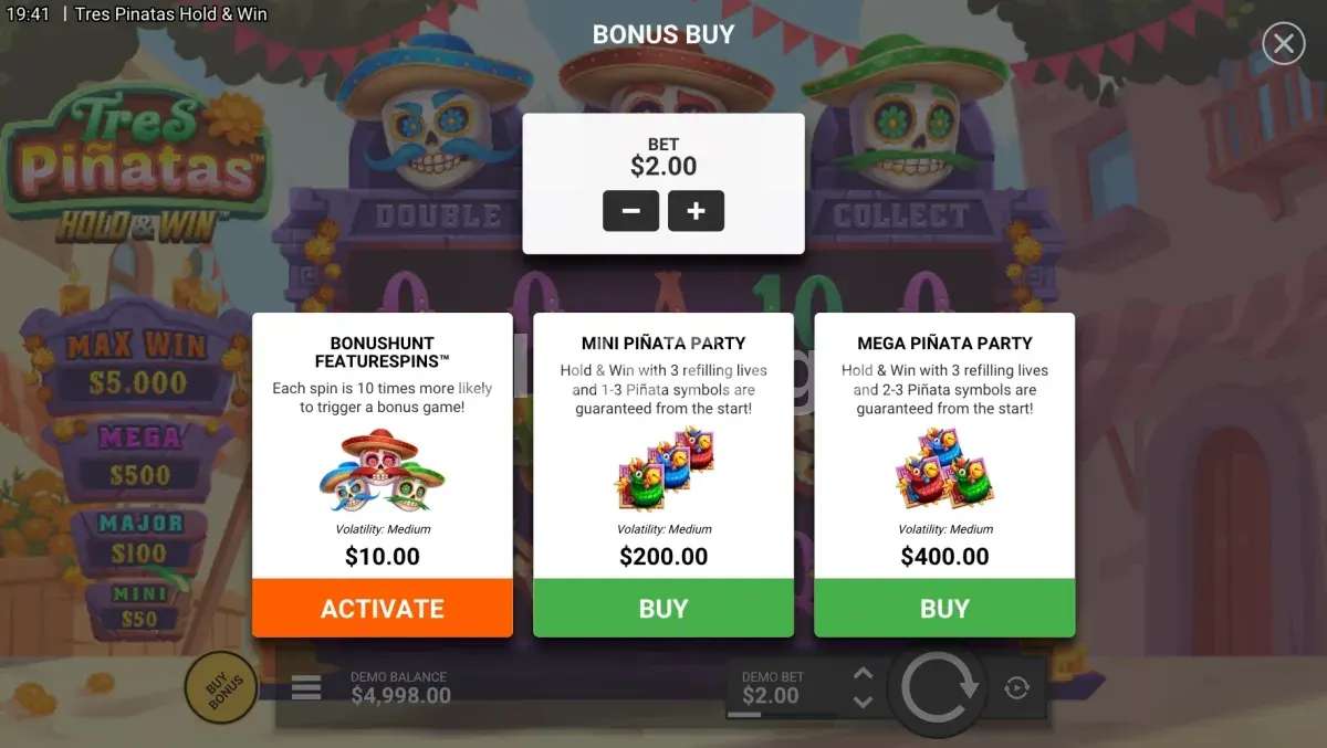 Ecrã de compra de bónus em Tres Pinatas Hold & Win