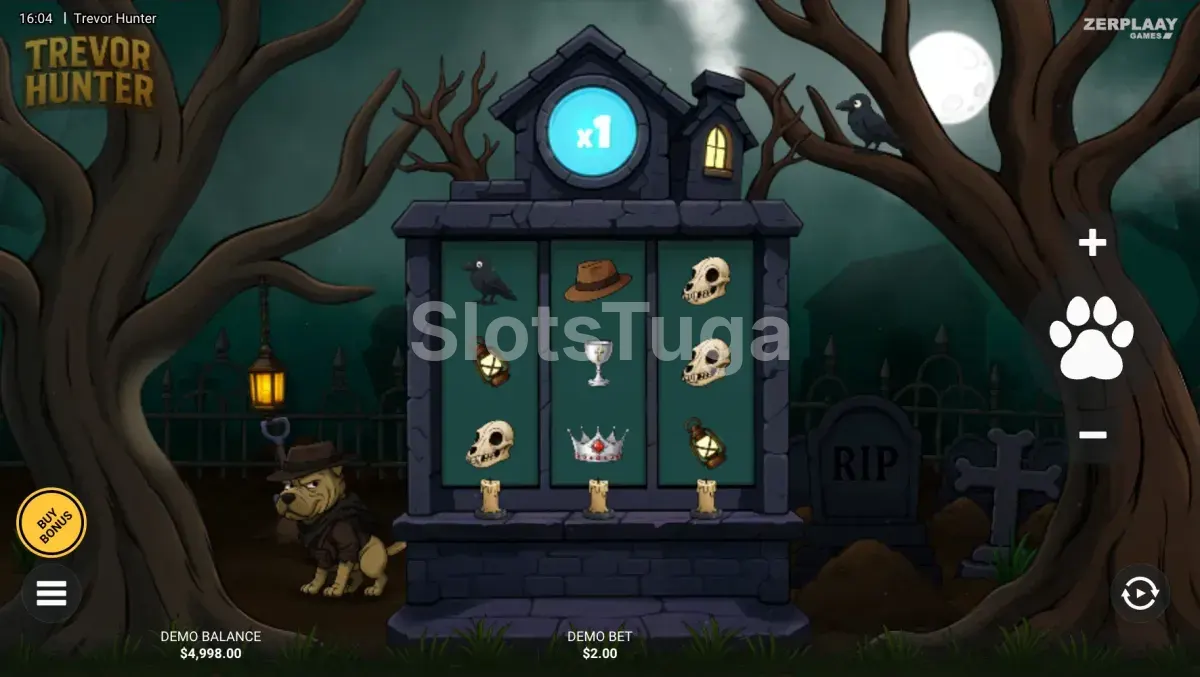 Jogo base da slot Trevor Hunter com grid 3x3 e tema de cemitério