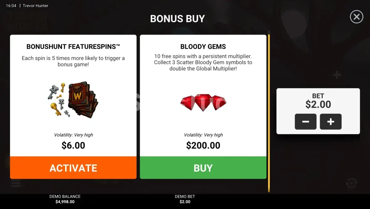 Menu de Bonus Buy da slot Trevor Hunter com opções de compra de bônus