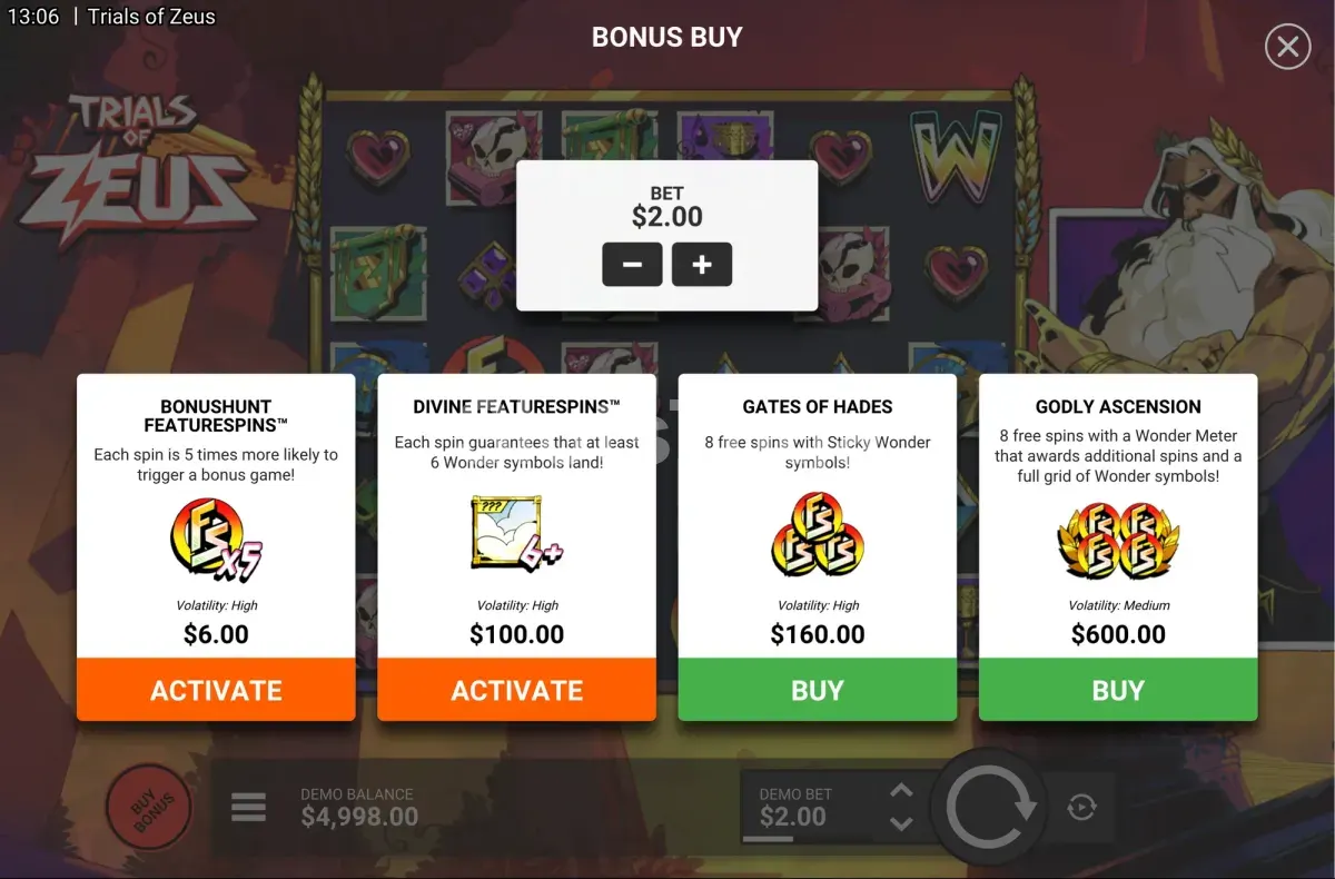 Menu de compra de bónus de Trials of Zeus com as opções FeatureSpins