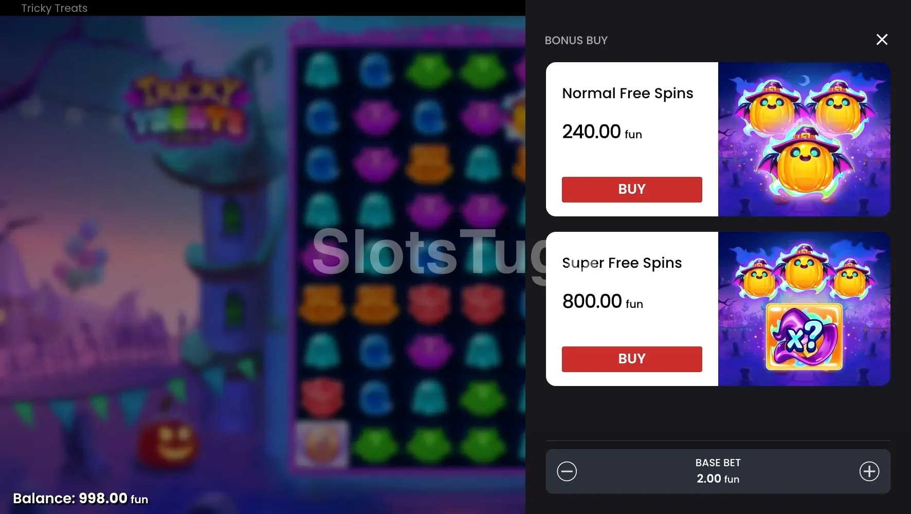 Tela de compra de bônus da slot Tricky Treats