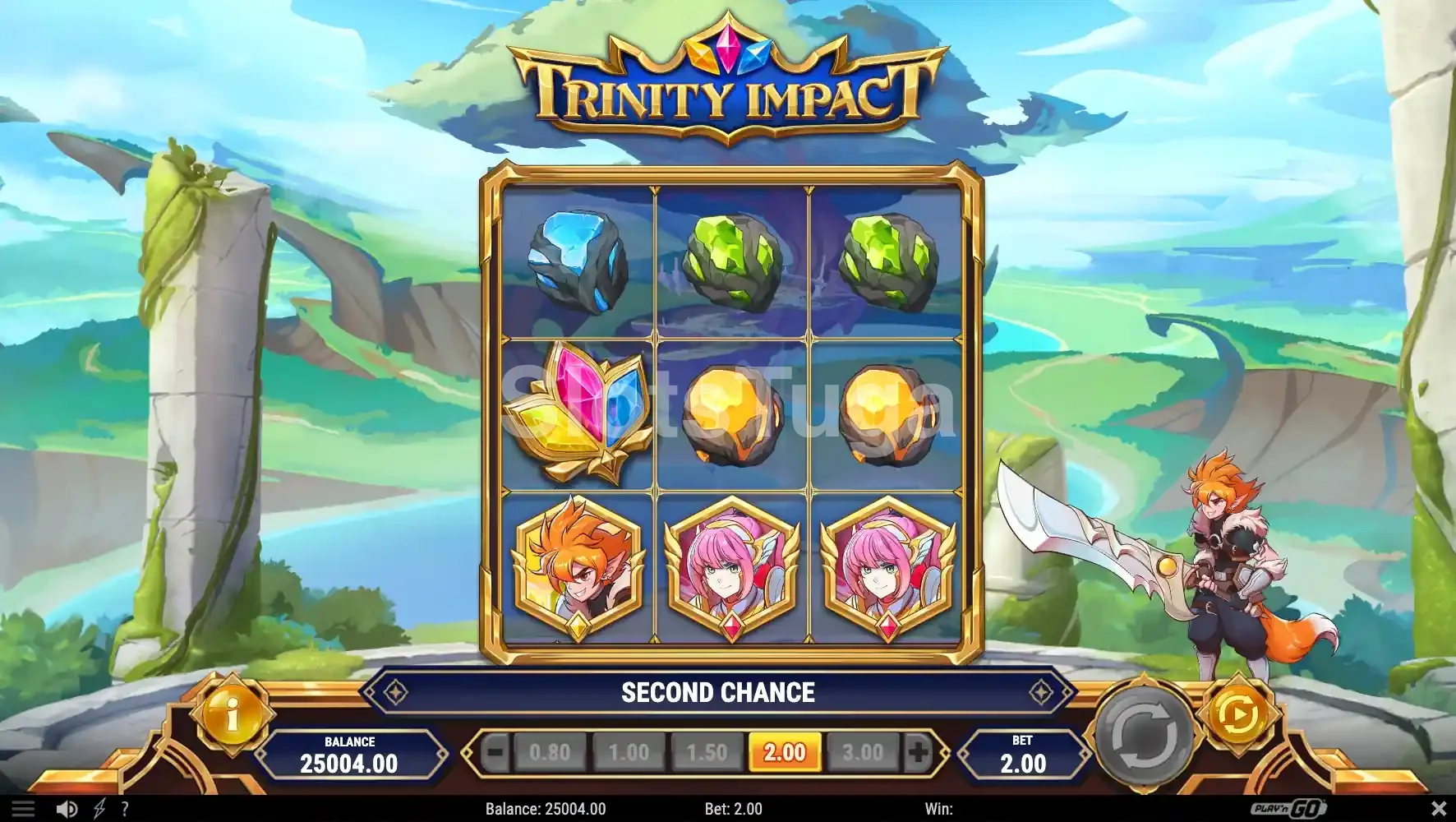 Tela inicial do jogo Trinity Impact com os três heróis em destaque