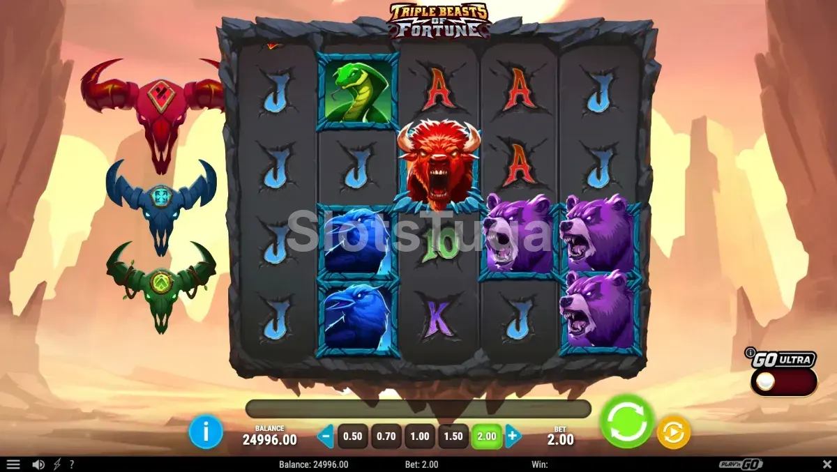 Segunda visão do jogo base do Triple Beasts of Fortune com cristais coloridos ativados