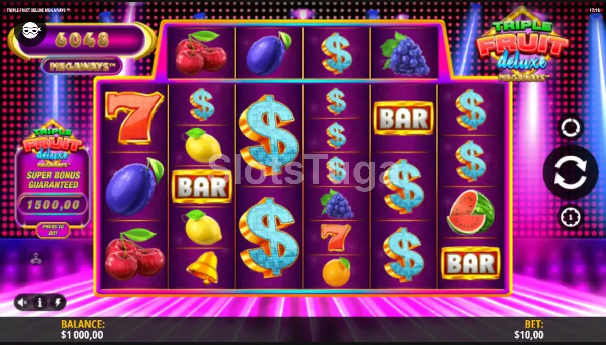 Jogo base da Triple Fruit Deluxe Megaways com símbolos de frutas coloridas