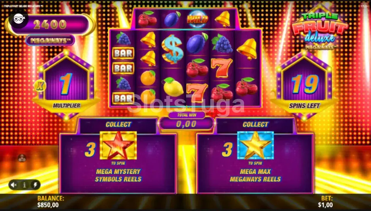 Rodada de giros grátis da Triple Fruit Deluxe Megaways com multiplicadores ativos