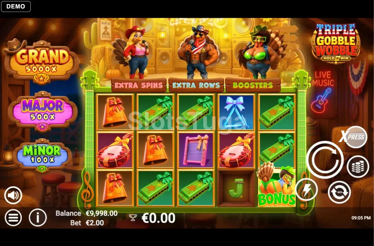 Jogo base da slot Triple Gobble Wobble com grelha de 5x3
