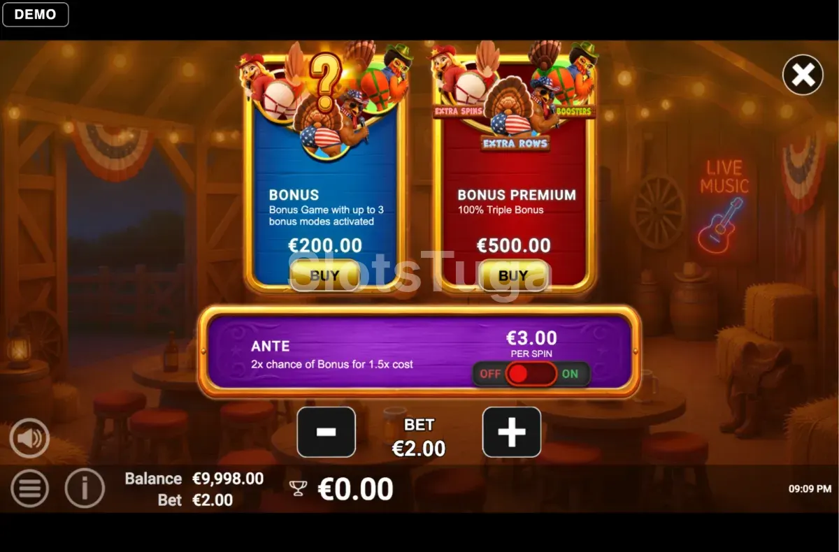 Menu de compra de bónus da Triple Gobble Wobble