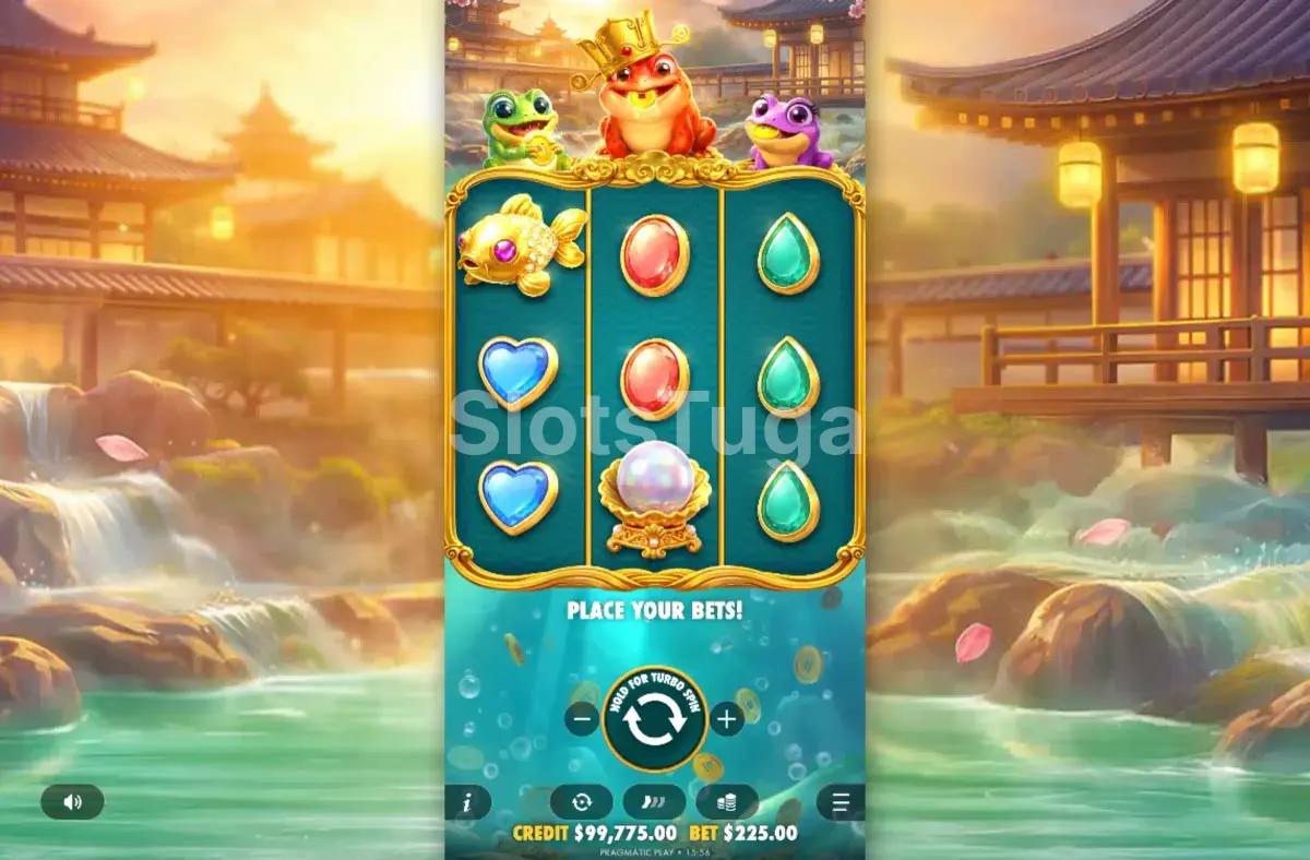 Jogo base do Triple Hop Pots com a grelha 3x3 e as três rãs