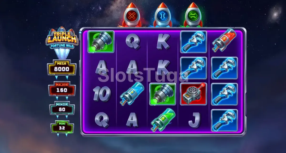 Tela principal da slot Triple Launch Fortune Wild com símbolos espaciais