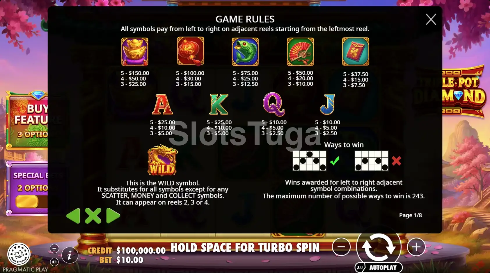 Tabela de pagamentos da Triple Pot Diamond mostrando o valor dos símbolos