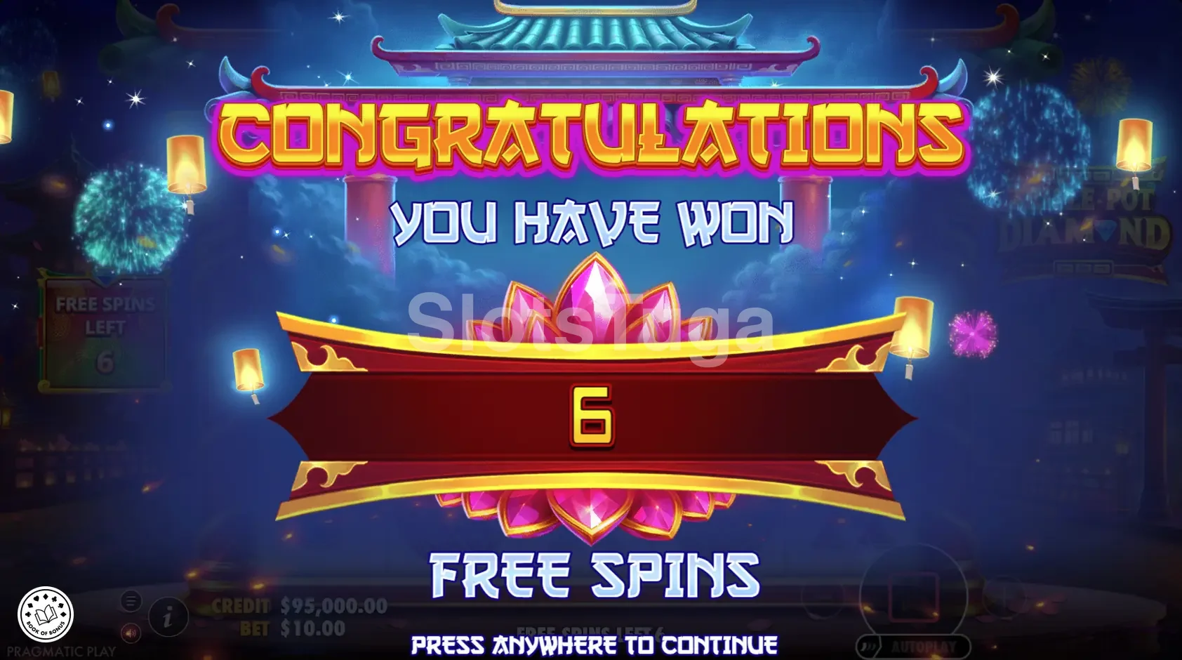 Tela de free spins da Triple Pot Diamond com os potes acumulando prêmios