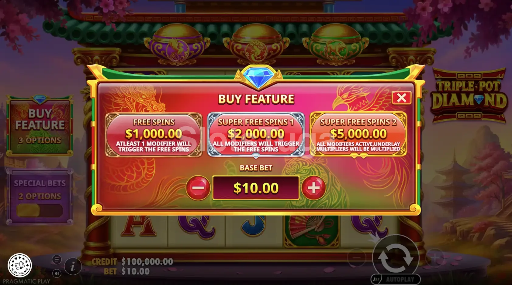 Interface de compra de bônus na Triple Pot Diamond com opções disponíveis