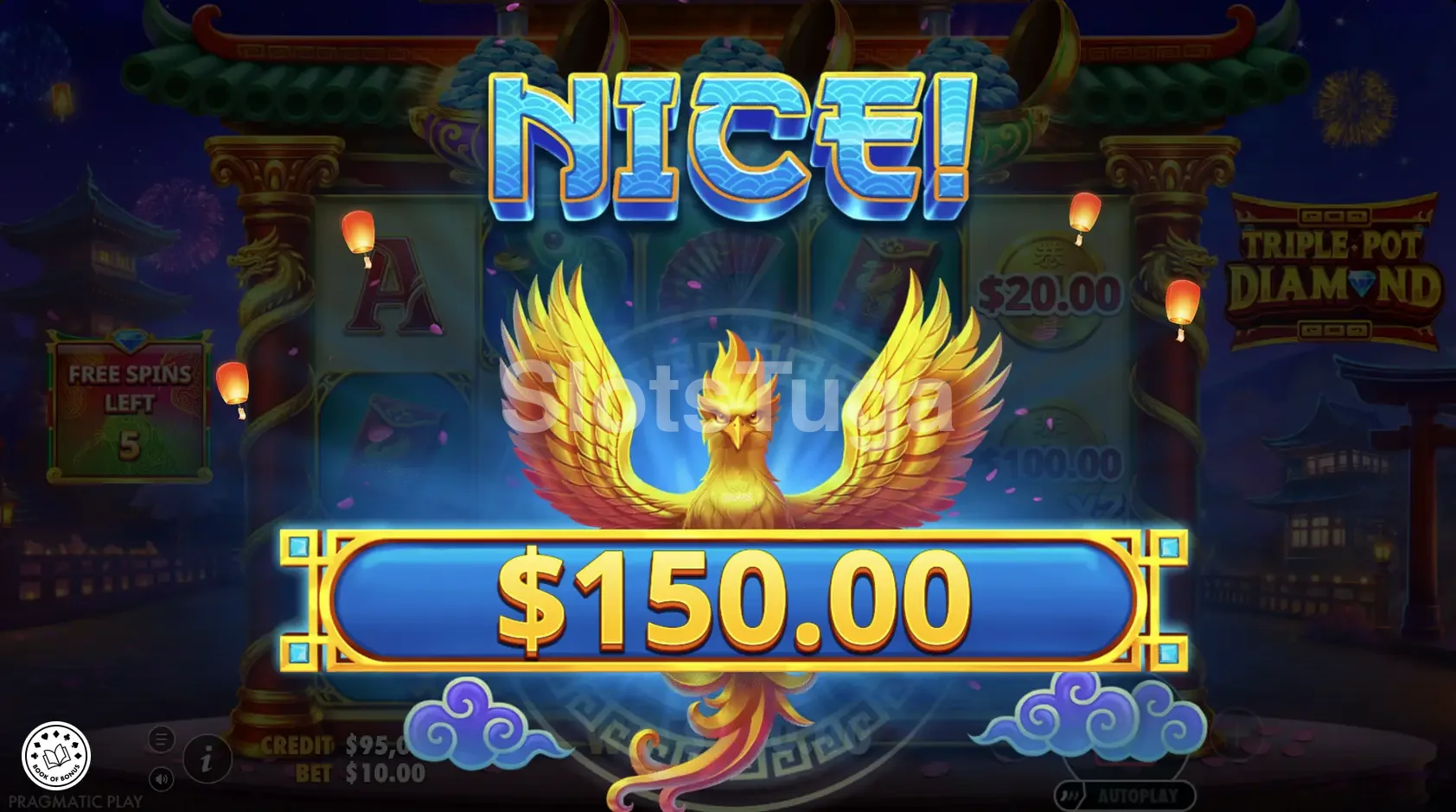 Tela de grande vitória na Triple Pot Diamond com multiplicadores e prêmios acumulados