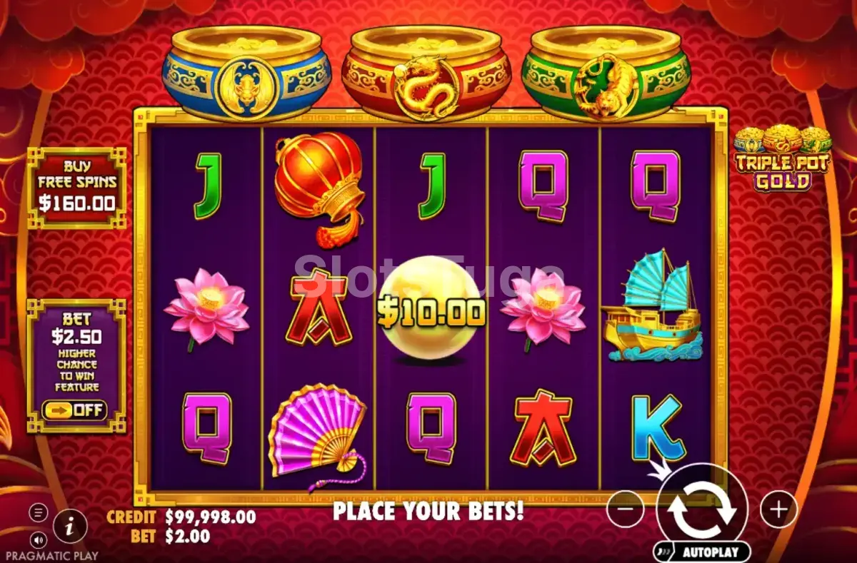 Tela inicial do jogo Triple Pot Gold com os rouleaux e símbolos principais
