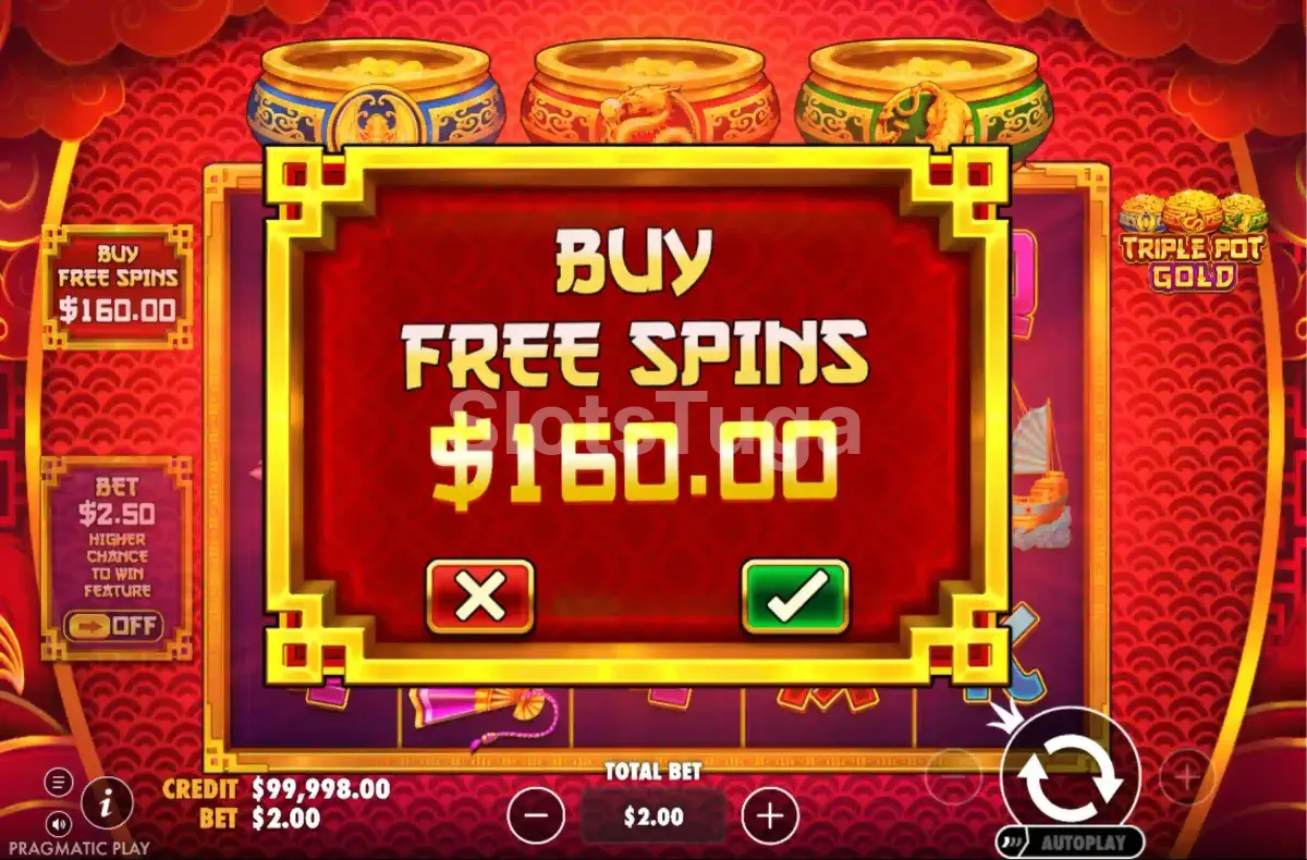 Interface de Bonus Buy da Triple Pot Gold mostrando as opções disponíveis