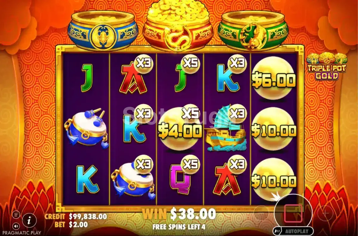 Modo de free spins ativado na slot Triple Pot Gold com multiplicadores