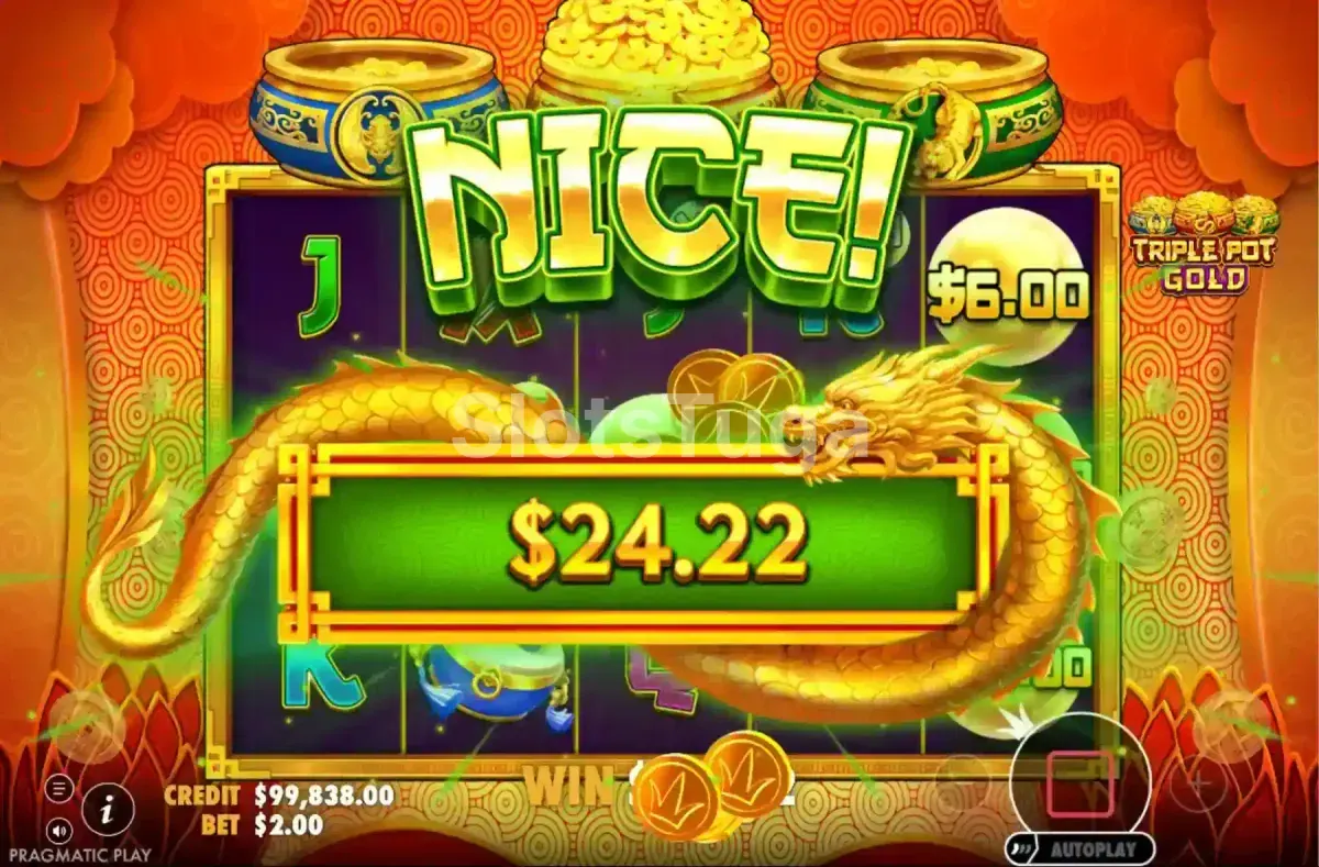 Tela de grande vitória na Triple Pot Gold com animação de ganho expressivo