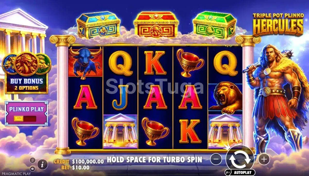 Jogo base do Triple Pot Plinko Hercules com o cenário grego celestial