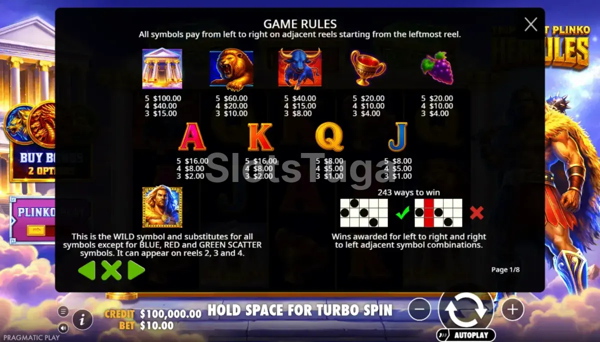 Tabela de pagamentos do Triple Pot Plinko Hercules com símbolos premium