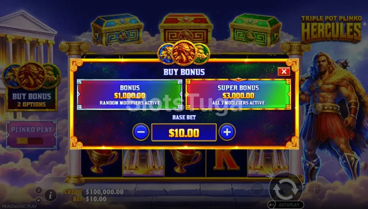 Tela de Bonus Buy do Triple Pot Plinko Hercules com opções de compra