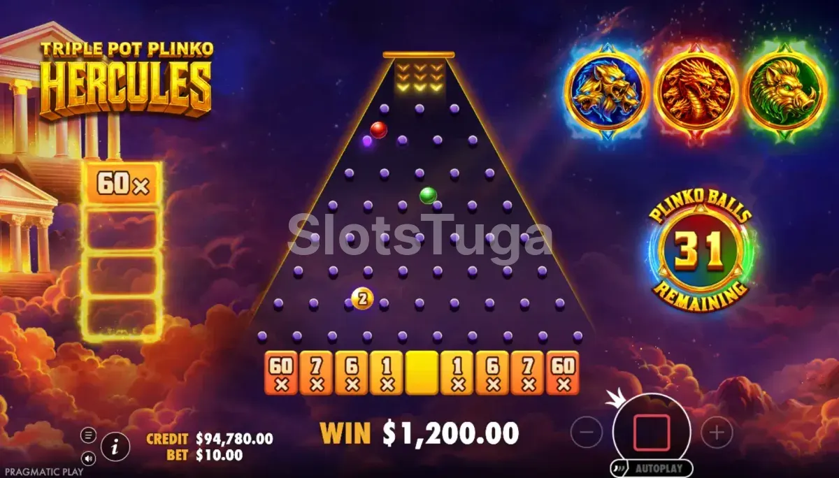 Rodada bônus Plinko do Triple Pot Plinko Hercules com bolinhas caindo
