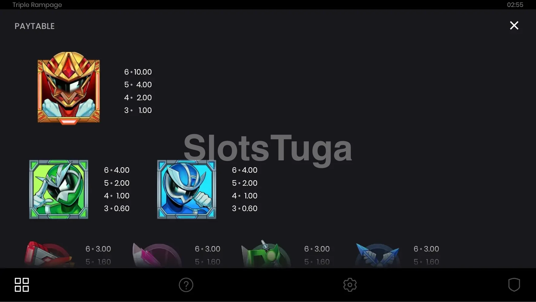 Tabela de pagamentos do Triple Rampage com todos os símbolos