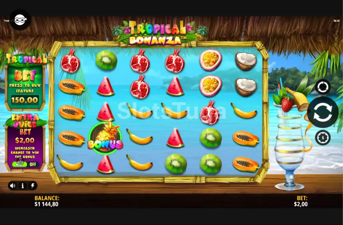 Jogo base da slot Tropical Bonanza mostrando os rouleaux e símbolos tropicais