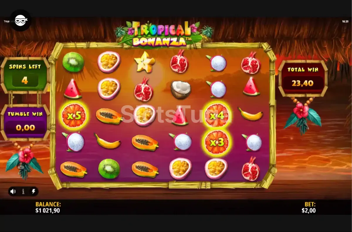 Tela de rodadas grátis da Tropical Bonanza com multiplicadores ativos