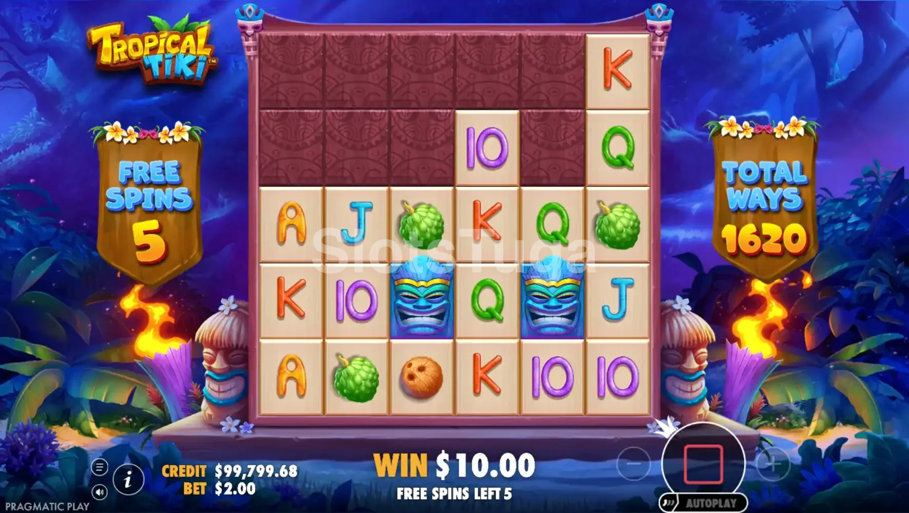 Rodada de giros grátis da Tropical Tiki com grid expandido
