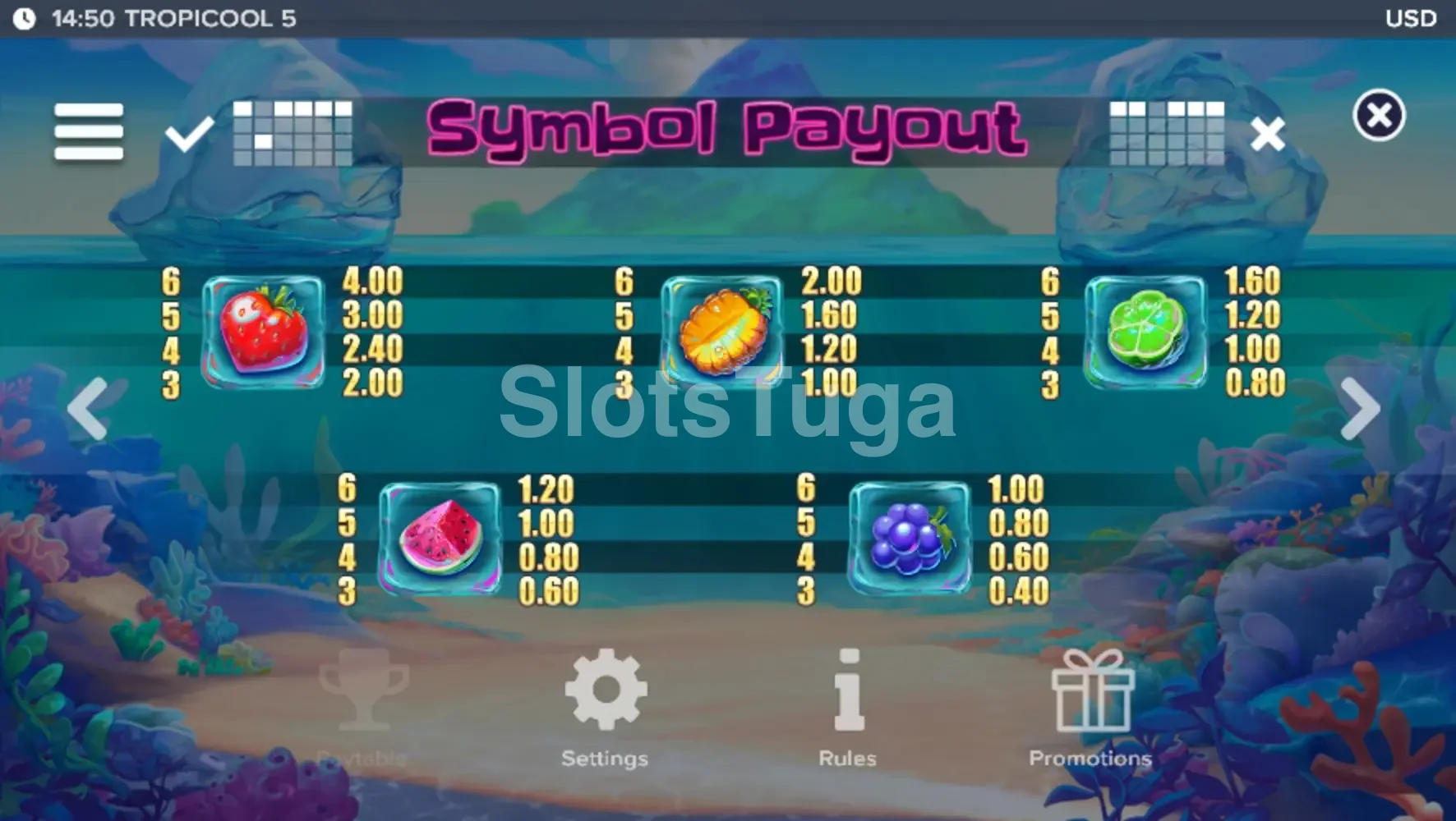 Tabela de pagamentos da Tropicool 5 com frutas geladas
