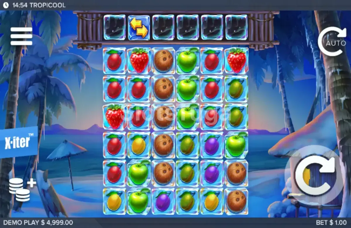 Jogo base da slot Tropicool com grade 6x6 e personagens Tony e Fiona