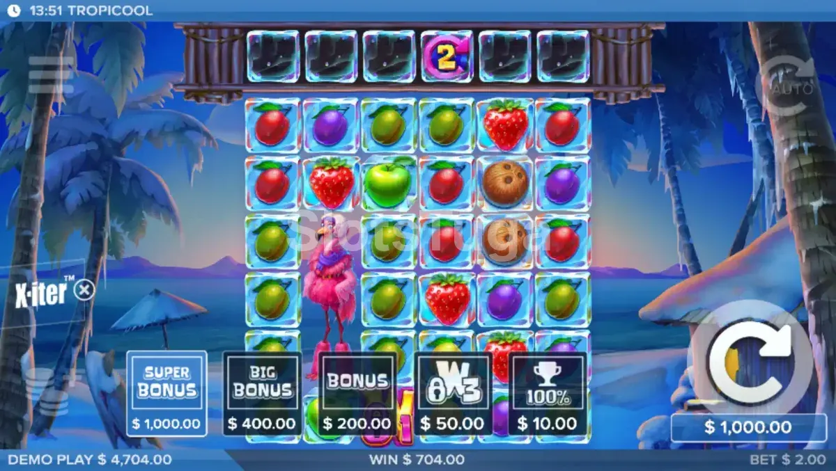 Menu de compra de bônus da Tropicool com as opções do X-iter