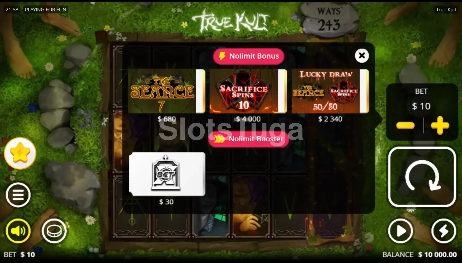 Tela de compra de bônus da slot True Kult com opções disponíveis
