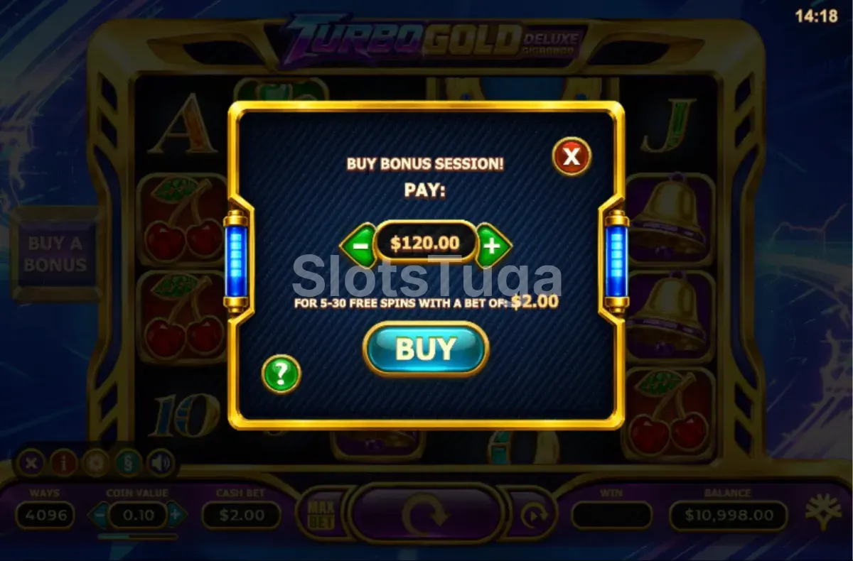 Ecrã de compra de bónus de Turbo Gold Deluxe
