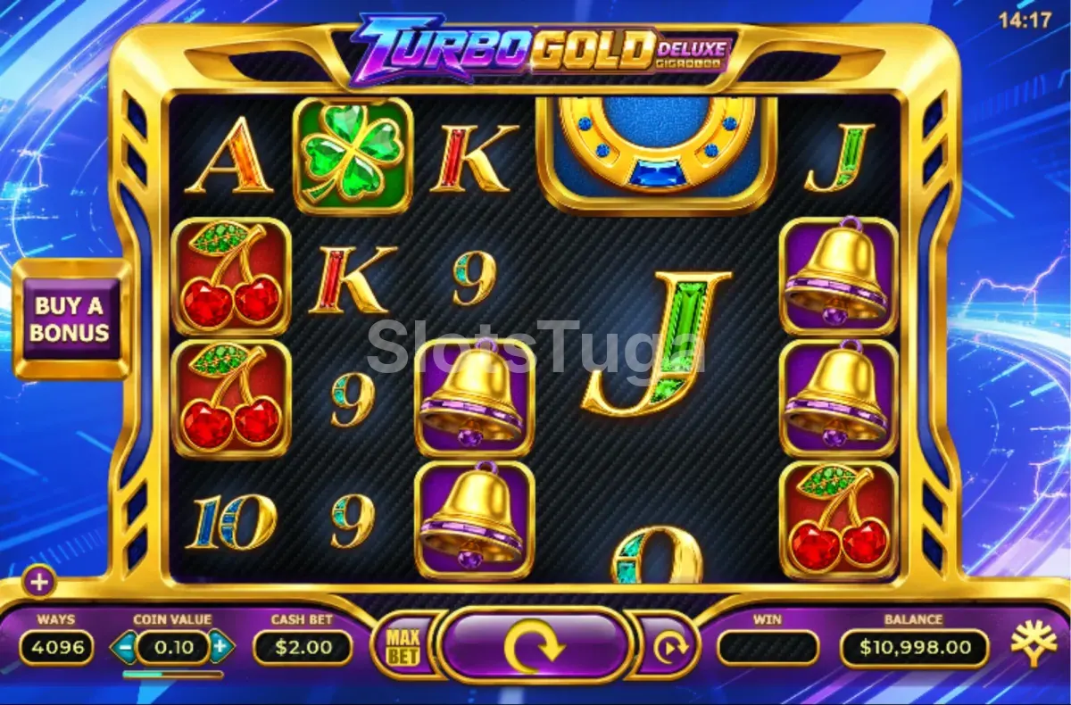 Jogo base de Turbo Gold Deluxe com rolos e símbolos clássicos de fruta