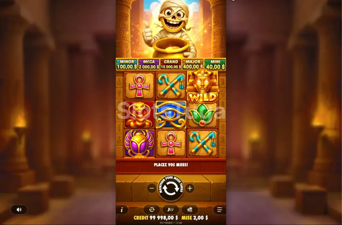 Jogo base da Tut's Treasure Tower com os rouleaux e o cenário egípcio