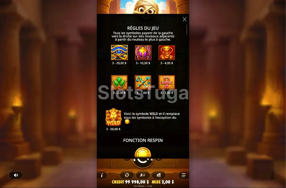 Tabela de pagamentos da Tut's Treasure Tower mostrando os símbolos e prêmios